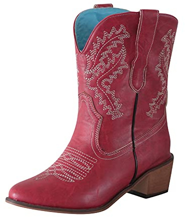 LCpddajlspig Stivali Texani Donna in Pelle​​ Camperos ​​con A Blocco Stivaletto Cowboy ​​A Punta​​ Boots ​Dettaglio Ricamato Stivaletti Vintage ​​con Franges Rosso 42