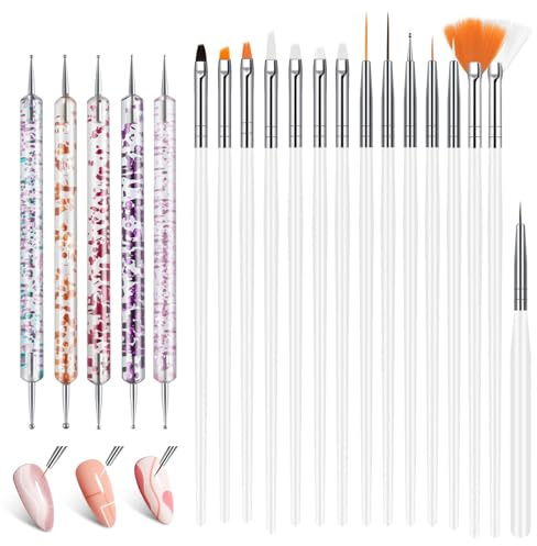 AYBUY 20 Stück Nagel Art Liner Pinsel, Nageldesign-Stift Brush Nagel Pinsel | Nagelbürste Malerei Pen Für Gelnägel UV-Gel Nageldesign Nail Art, DIY Nail (Weiß)