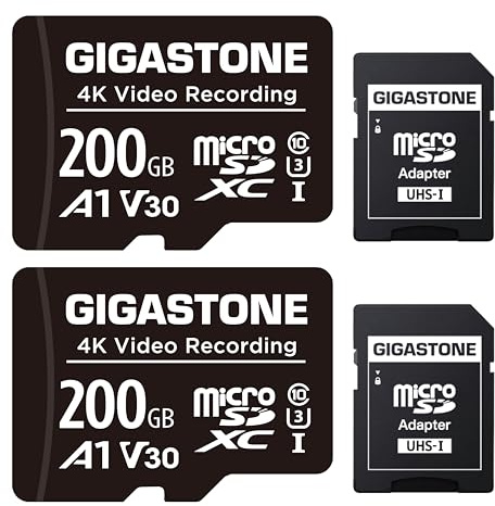GIGASTONE Micro-SD-Karte, 200 GB, A1 V30, 4K-Videoaufnahme, kompatibel mit Überwachungskamera, Dashcam, Drohne, 100 MB/s MicroSDXC-Speicherkarte, UHS-I, mit Adapter, 2 Stück
