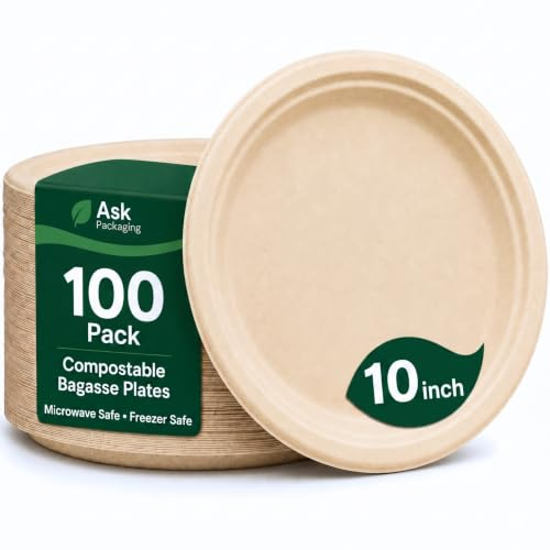Strong Paper Plates (10inch - 100 Pack) – 100% Compostable Disposable Plates – Heavy Duty Natural Sugarcane Eco-Friendly Biodegradable Plastic Free Bagasse Party Plate – Microwave & Freezer Safe