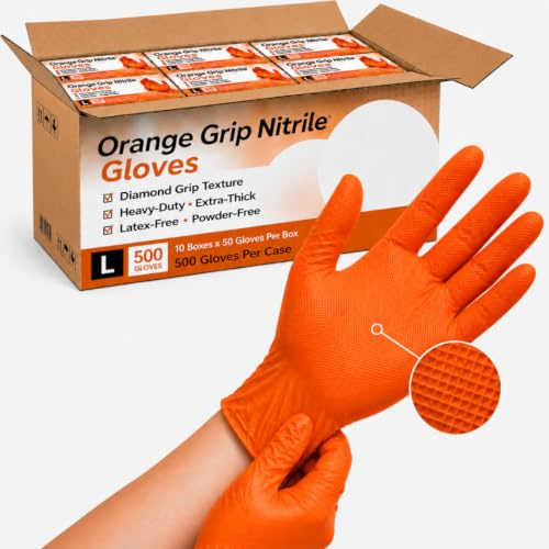 Ruiyang 500 Orange Nitrile Work Gloves Large, Heavy-Duty Extra-Thick, Diamond Grip, Grip Non-Slip, Latex-Free, Powder-Free – Mechanics & Automotive Use (Large Orange - 500 Gloves)