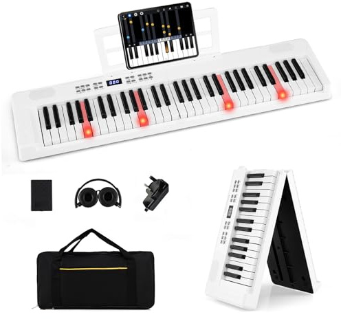 COSTWAY 61 Key Folding Digital Piano Keyboard, Portable Full Size Electric Piano with MIDI & Split Function, Headphone, Sustain Pedal, Carrying Bag, for Beginners, Kids, Adults (White)