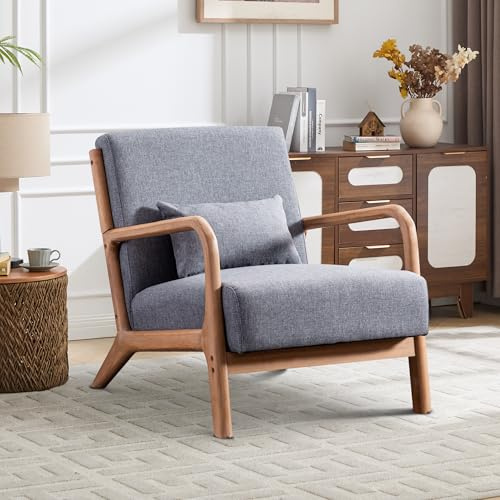EBELLO Accent Sessel mit Kissen,Holzrahmen,gepolstert, Grau | Sessel mit Armlehnen,Ohrensessel,Lesesessel,Wohnzimmersessel,Mid‑Century Stil,max.150kg Belastung Erwachsene,Wohnzimmer