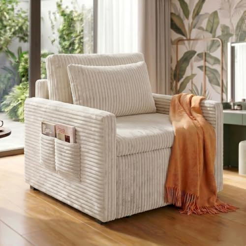 Xbro 3-in-1 Schlafsessel mit Schlaffunktion, Ausziehbares Schlafsofa 1 Sitzer, Bettsofa mit Schlaffunktion, Cord Sesselbett mit Kissen, Klappbares Sofa für Wohnzimmer, Schlafzimmer, Beige