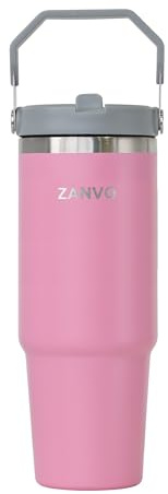 ZANVO Travel Mug Coffee Cup 30oz Insulated Tumbler with Straw(Light Pink) | Stainless Steel Tumbler with Straw and Lid, Leak Proof BPA Free, Keeps Drinks Hot & Cold, Fits Car Cup Holder.
