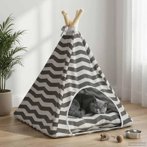 Kaloriko Haustier-Tipi mit Kissen Weiß und Grau, 40 x 40 x 50 cm, Polyester, mit waschbarem Kissen und natürlichem Kiefernholz, Indoor Rückzugsort für Katzen und Hunde