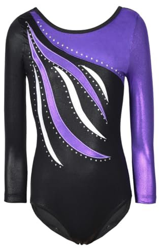 ESHOO Mädchen einteilige gestreifte Gymnastik Ballett Trikot Shinning Diamant bestickt, Lila-Lange Ärmel, 5-6 Jahre
