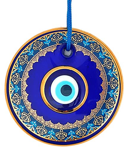 Erbulus 10,9 cm Glas Blau Böser Blick Wandbehang Gold und Türkis Blumendesign Ornament - Türkische Nazar Perle - Home Protection Charm - Wandkunst Amulett in einer Box