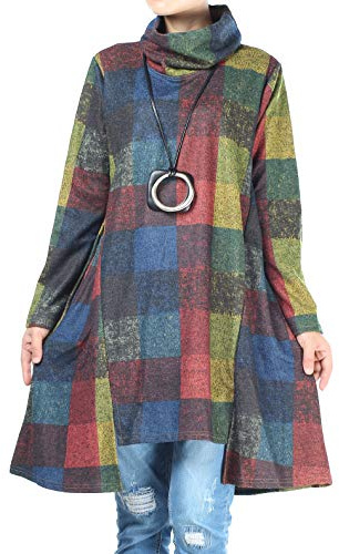 FTCayanz Damen Rollkragen Tunika Kleid Vintage Langarm Kariert Shirt A-Linie Pullover Oberteile mit Taschen Blau M