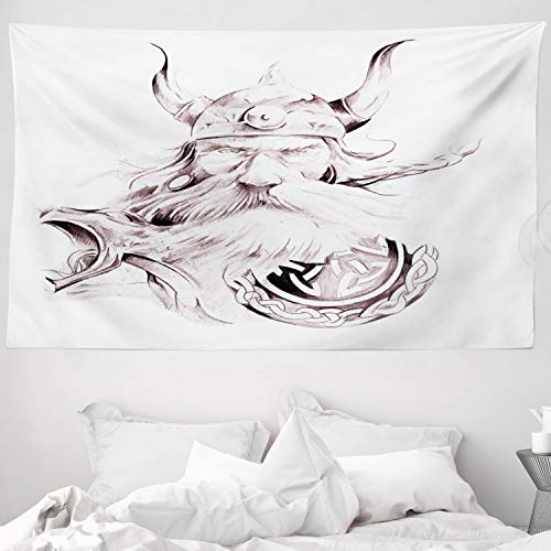 ABAKUHAUS Skizze Wandteppich, Kluger Wikinger-Krieger Art, aus Weiches Mikrofaser Stoff Waschbar Klarer Digitaldruck, 230 x 140 cm, Dunkelbraun Weiß