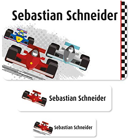 Striefchen® XXL Schuletiketten-Set (Aufkleber) zum Schulbeginn mit gratis Aufdruck des Namens im Racing Design
