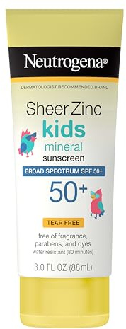 Neutrogena Kids Mineral Sunscreen Sheer Zinc Oxide Lotion, Broad Spectrum SPF 50 with UVA/UVB Protection, Water Resistant for 80 Minutes, Fragrance and Tear Free, 3 FL OZ