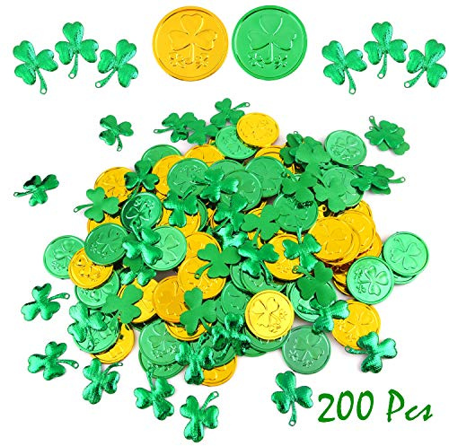 FEPITO 200 STÜCKE St.Patrick's Day Shamrock Coins Tischkonfetti Dekorationen, St.Patrick Shamrocks Grün & Gold Glücksklee Shamrock Plastikmünzen für St.Patricks Day Decoration Party Favors