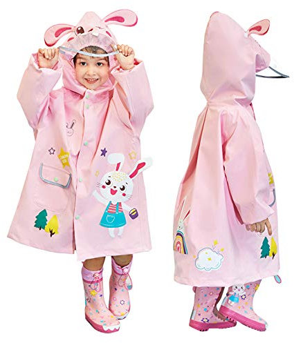 JinBei Enfant Imperméable Veste de Pluie Fille Manteau de Léger Poncho à Capuche pour École Randonnée Plein Air Voyage Vêtements de Pluie Respirant, Rose Lapin 4-6 Ans