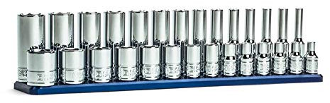 Capri Tools 1/4 in. Drive Master Chrome Sockets Set, 6-Point, 4 to 15 mm, Metric, 28-Piece with Billet Aluminum Socket Rail