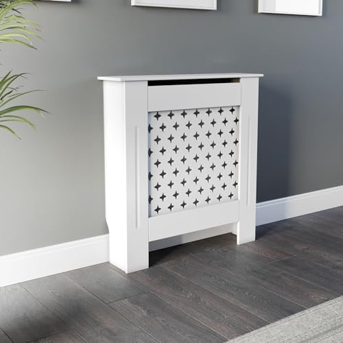 DuraTherm® Radiator Cover White Painted Traditional Cross Slat Shelves MDF Cabinet Shelf for Radiators, Living Rooms, Bedrooms, Small (W: 78cm / H: 81.5cm / D: 19cm)