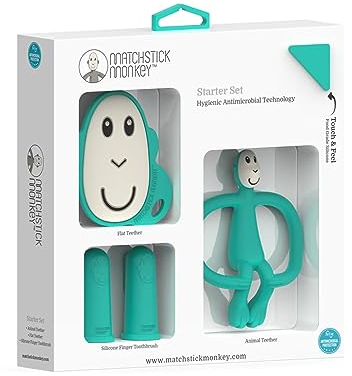 Matchstick Monkey Beißring Starter Set 3 teilig - Baby Zahnungshilfen - für wundes Zahnfleisch - Silikon - BPA-Frei - Beißring Tiermotiv, Beißring Gesicht, Fingerzahnbürsten - Affe grün
