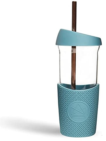 Neon Kactus Smoothie Cup | Travel Glass Cups with Lids and Straws | Smoothie Glass with Metal Straw, 2 Silicone Seal Lids & 1 Sleeve | Reusable, Leakproof, Food Grade, Non-Slip | Super Sonic, 20oz