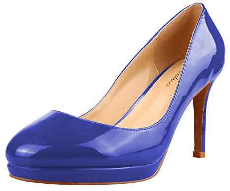 Lutalica W Donna Pelle Vernice Rotonda Punta Chiusa Slip On Sexy Elegante Piattaforma Stiletto Tacco Alto Pompe, Blu (Blu), 41 EU