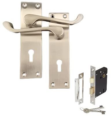 Haven Heritage Door Handle Victorian Scroll Lock Satin Nickle + 2.5 Mortice Sash Lock