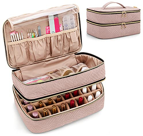 BAFASO Double Layer Nail Polish Organiser Holds 40 Bottles (15ml - 0.5 fl.oz), Nail Polish Case with Manicure Tools Storage Sections (Bag Only), Pale Rose (Patented)