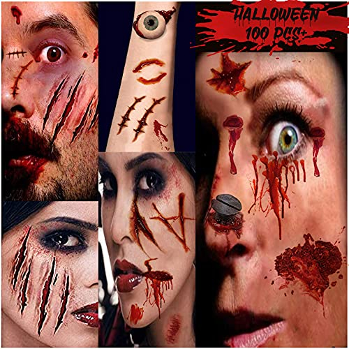 Halloween Temporäre Tattoos, Narben Wunden Tattoo, 100PCS+ Halloween Schminke Aufkleber Wasserdicht mit Gefälschten Scab Blut Vampir Cosplay Party Zombie Makeup Accessoires Prop Dekorationen Set