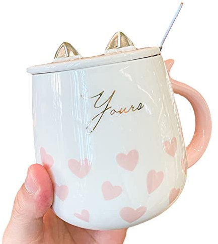 Unicorn Mug with Lid Spoon 3D Cute Ceramic Coffee Tea Cup Couple Mug Set Birthday Gift for Women Friend Lovers (cat heart, 430 ml)