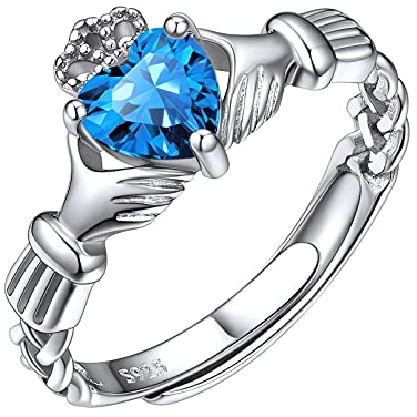 ChicSilver Claddagh Damenring, Silber 925, offen, verstellbar, verstellbar, mit Geburtsstein, 12 Monate, glänzender Ring, Modeschmuck, Geschenk zum Geburtstag für Mama, Tochter, 2.3, Metall, Blauer