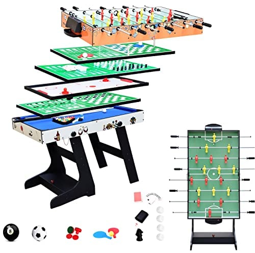 DRM 8 in 1 Folding Game Table, Billiards Table, Pool/Snooker Table,Hockey Table,Table Tennis Table,Football Table,Checkers,Backgammon,Chess,Playing Card with Parts Storage Box,4FT