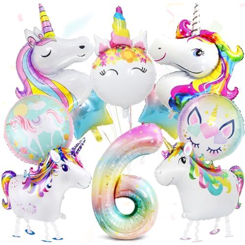 12 Stück Einhorn 6 Geburtstag Deko, Einhorn Luftballons, 6 Jahr Einhorn Folienballon Deko, Zahl 6 Folienballon, Geburtstagsdeko 6. Mädchen, Einhorn Themen Ballons für 6 Jahre Mädchen Geburtstag Party