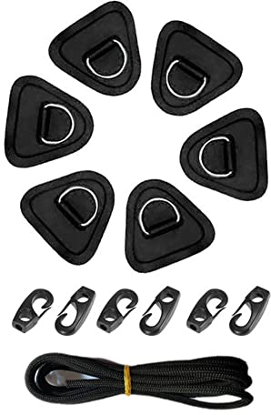 LSGGTIM Kajak D-Ring Edelstahl, 6 Stück Marine D-Ring PVC Patch Heavy Duty SUP Bungee Deck Rigging Kit mit 2.5 m elastischem Seil D-Ring Befestigung Pad Patch zum Kleben für PVC Schlauchboot Kajak