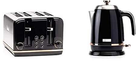 Haden 191168 Stainless Steel Salcombe Electric Toaster, Four Slices, 2300W, Black & 191137 Salcombe Cordless Electrically Cooking Electric Kettle, 3000W, 1.7l, Black