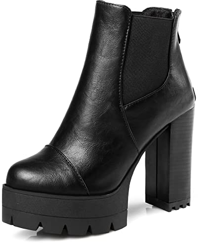 Lroey Reoly Stivaletti da Donna con Tacco a Blocco, Stivali Chelsea Tacco Alto Punta Rotonda Polacchine Zip Plateau Stivali Corti 246 Nero Numero 34 EU