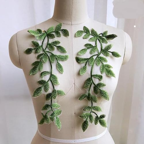 Yulakes 1 Paar Green Leaf Venise Lace Trim Green Leaves Aufnäher Appliqué Patches Trimmen Stickerei Vine Dekorative Patches für Kostüm Craft Projects