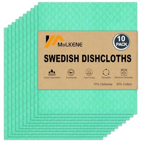 MoLKENE Swedish Dish Cloths - 10 Pack Reusable Kitchen Dishcloths - Ultra Absorbent Dish Towels for Washing Dishes - Cellulose Sponge Cloth Cleaning Cloths - Green