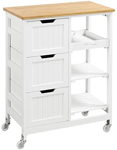 Yaheetech Kitchen Storage Trolley on Wheels, Rolling Kitchen Island Cart with 3 Drawers and 3 Shelves, Mobile Storage Sevring Trolley Cart for Dining Room, Bathroom, Laundry, Living Room, White