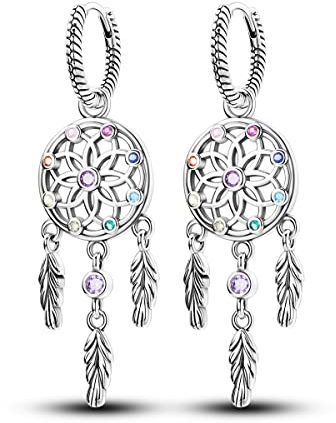NARMO 925 Sterling Silber Hoop Ohrringe Feder Traum Catcher Dangle Drop Ohrringe für Frauen Mädchen