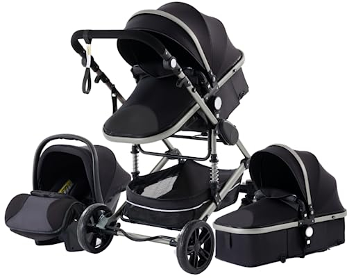 YAZOCO kinderwagen 3 in 1 Buggy Babybett Komplett Set Einem Klick Zusammenklappbarer Kinderwagen, KombiKinderwagen Aluminiumrahmen für Neugeborene Sitzzubehör (3 schwarz)