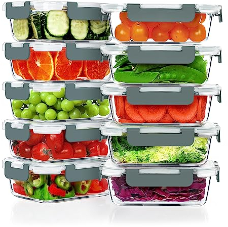 VERONES Lot de 10 boîtes à repas en verre hermétiques avec couvercles, sans BPA, passent au micro-ondes, au four, au congélateur et au lave-vaisselle, gris