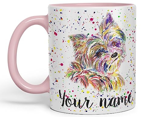 Vixar Personalised with Your Text Yorkshire Terrier Yorkie York Dog Pet Animals Watercolour Art Coloured Ceramic Mug Cup Gift 330ml 11oz Custom Work Office Tea Coffee (O2) (Pink)