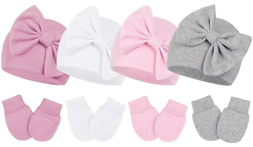 Durio Neugeborenes Babymütze und Handschuhe Set Knoten Beanie Hut Kratzfäustlinge Baby Jungen Mädchen 0-6 Monate