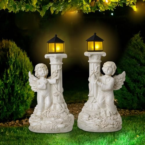 JUMRHFAN 1 par de Estatua de ángel de jardín con Luces solares, Estatua de ángel de querubín de Resina Solar con Pilar romaní para decoración de Porche, Patio (Estilo 1)