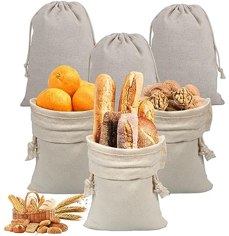 mumisuto 6pcs Reusable Linen Bread Bags, 30 x 22cm, Natural, Drawstring Closure, Breathable, Durable, Keeps Bread Fresh