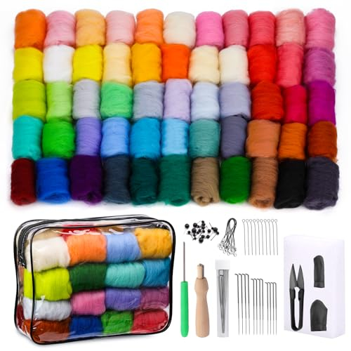 Reovin 55 Farben Nadelfilz Set, Filz Starterset Filzwolle Nadelfilzen Set mit Filznadeln, Schaumstoffmatte und Aufbewahrungstasche Filzwolle Nadelfilz Werkzeu für DIY Handwerk