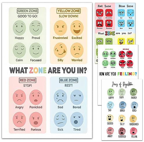 DEVENALSA 4 Gefühle Diagramm für Kinder, Zonen der Regulierung Poster, Gefühle Poster, Emotionen Poster, Calm Down Corner Poster, Autismus Sensorische Produkte, 4er-Set (30,5 cm B x 45,7 cm L, 1)