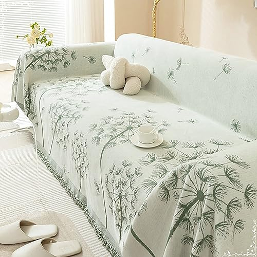Homxi Big Sofa Überzug 4 Sitzer,180x380CM,Sofa Bezug Löwenzahn Bedruckt mit Quasten Überwurf für Sofa Chenille Sofa Handtuch Grün Sofa Bezug