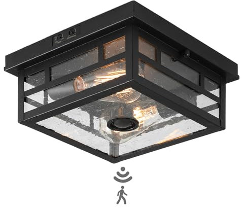 CALOKES Outdoor Flush Mount Motion Sensor Ceiling Light - Timeless Industrial Design with Seeded Clear Glass for Your Porch, Driveway, Covered Patio, Farmhouse, and Entryway