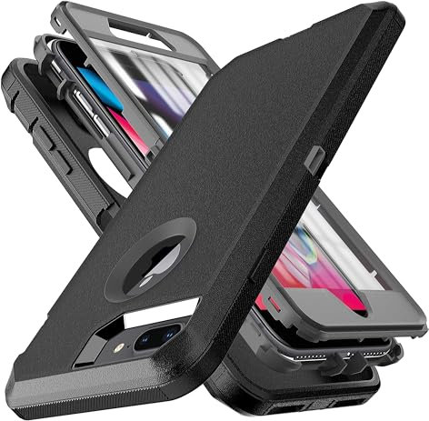 YmhxcY for iphone 8 Plus/iPhone 7 Plus Case with Built in Screen Protector Drop Proof 3-Layer Durable Cover/Shockproof Armor Drop Protection Solid Rubber Case for iPhone 7+/8+-Black/Grey