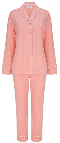 SNOOZE OFF Damen Schlafanzug | 2-Teiliges Pyjama Set in Lachsfarben | Langarm Oberteil & Lange Hose | 100% Baumwolle