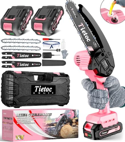 Tietoc Mini tronçonneuse sans fil de 15,2 cm [avec 2 batteries 21 V] [mise à niveau 2024] Scie à chaîne électrique portable, petite scie à chaîne portable alimentée par piles pour branches d'arbre,